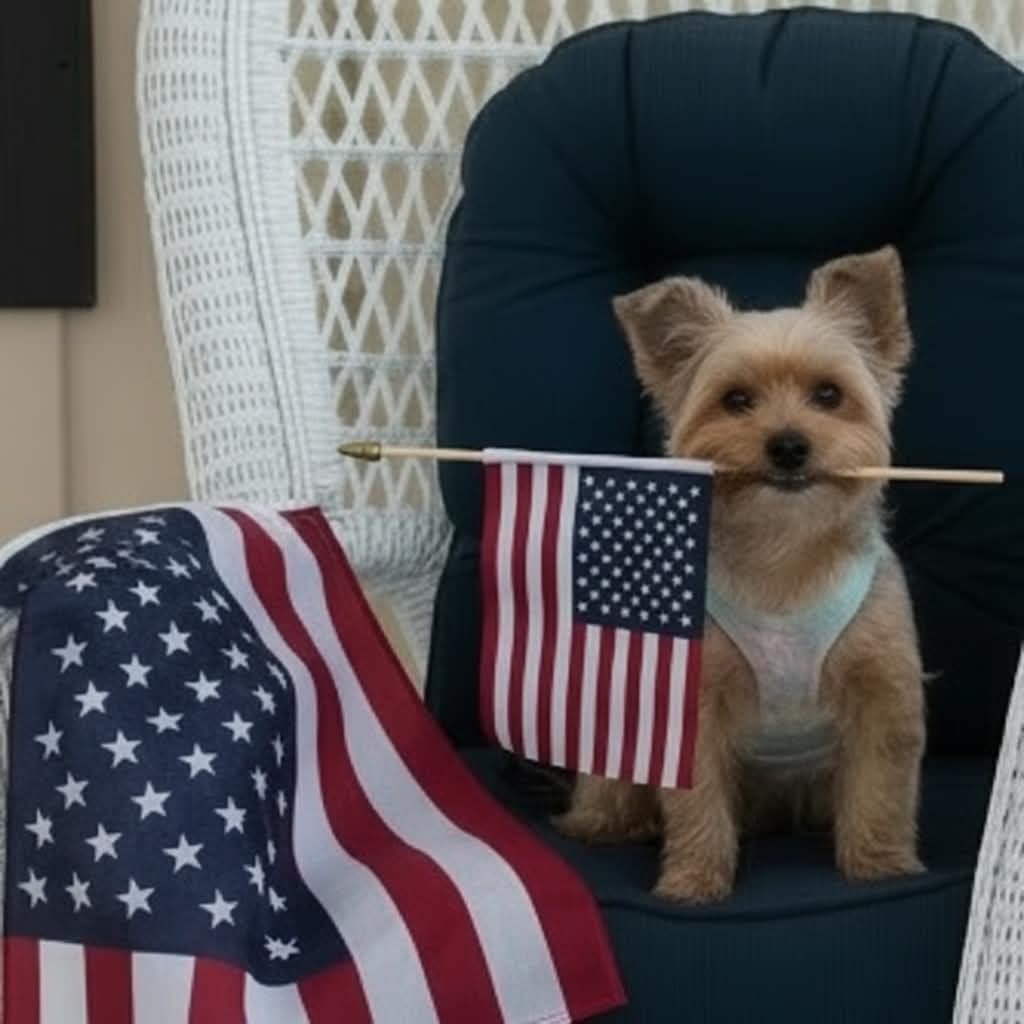 Aria the Yorkie sitting in a navy chair holding a small American flag
