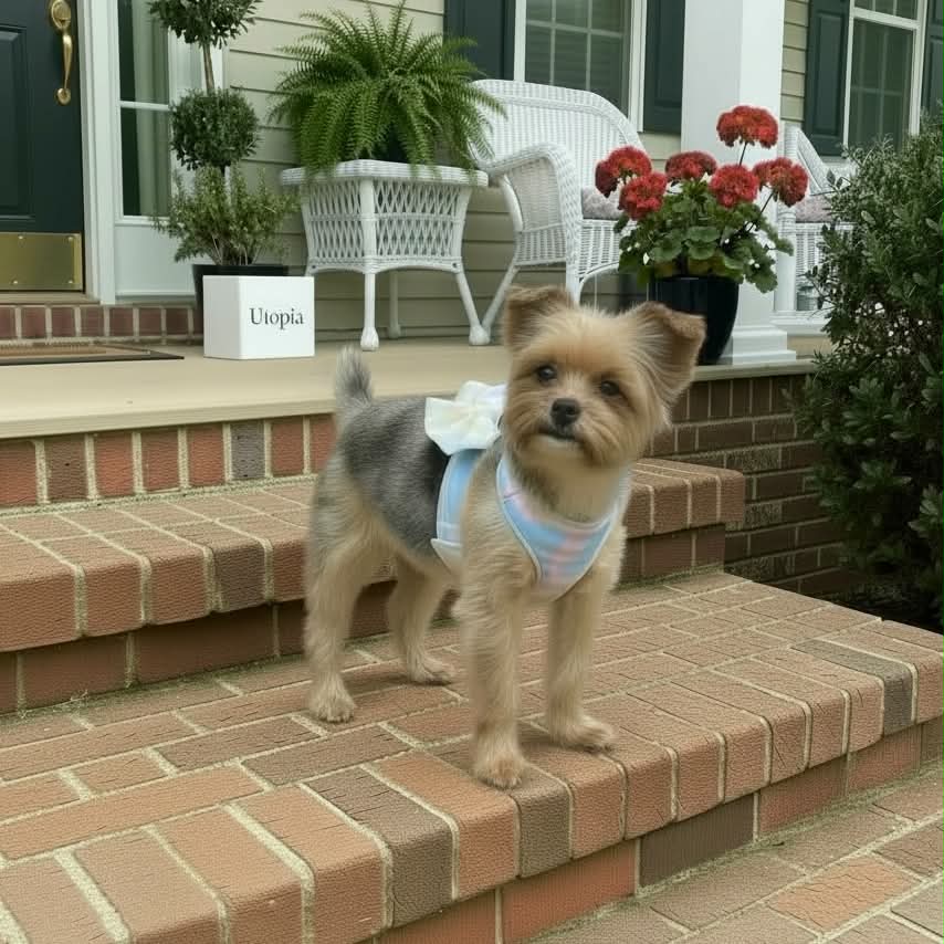 Aria the Yorkie standing on a brick front porch in a light blue outfit with a white bow